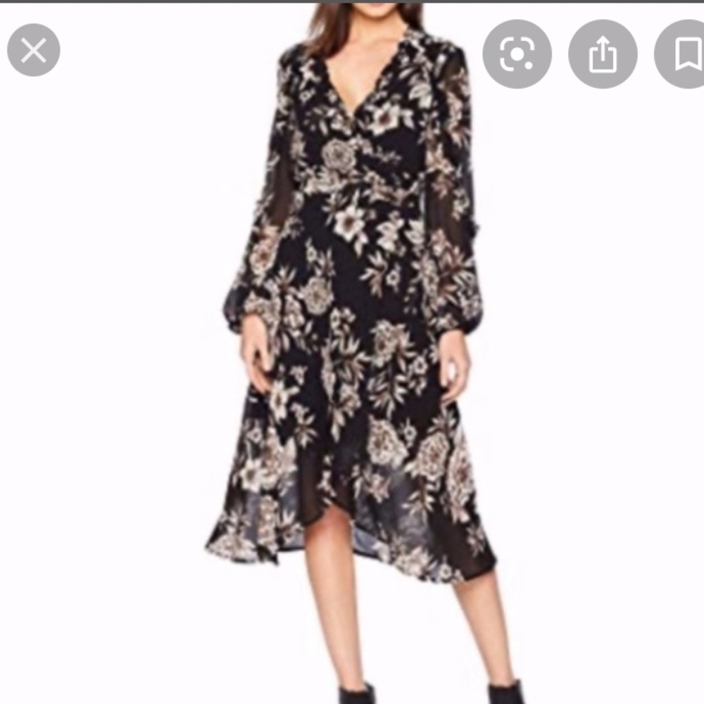 Bardot Size 6 Black Tan Floral Romantic Long Bubble Sleeve Wrap Dress